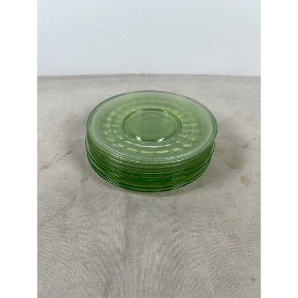 Available An instantaneous collection of 36 pieces have  1930s era set of 9 uranium glass plate saucers non matching set vaseline glass